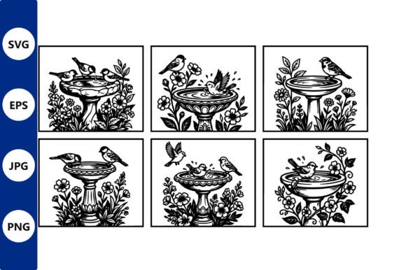 Birdbath Garden Panels Line Art