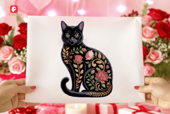 Elevating Creative Projects with the Pink Rose Botanical Black Floral Cat PNG